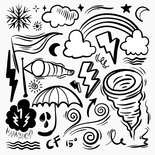 Estilo de boceto de Doodle de iconos meteorológicos Ilustración dibujada a mano de dibujos animados para el diseño conceptual