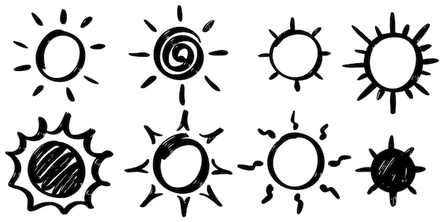 Estilo de boceto de garabato de ilustración de dibujado a mano de dibujos animados de sol para diseño de concepto