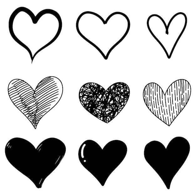 Estilo de boceto de garabato de la ilustración de vector de icono de corazones para el diseño de concepto