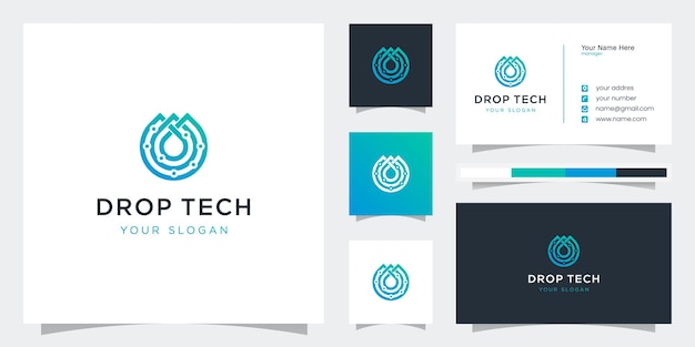 Vector estilo de caída de tecnología creativa con logotipos de arte lineal y plantillas de tarjetas de visita