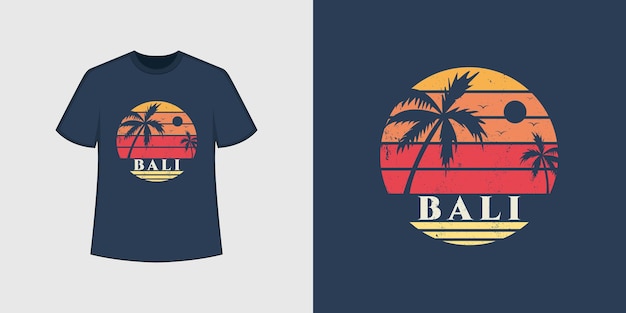 Estilo de camiseta de la playa del océano de Bali y diseño de ropa de moda con siluetas de árboles, tipografía, impresión, ilustración vectorial.