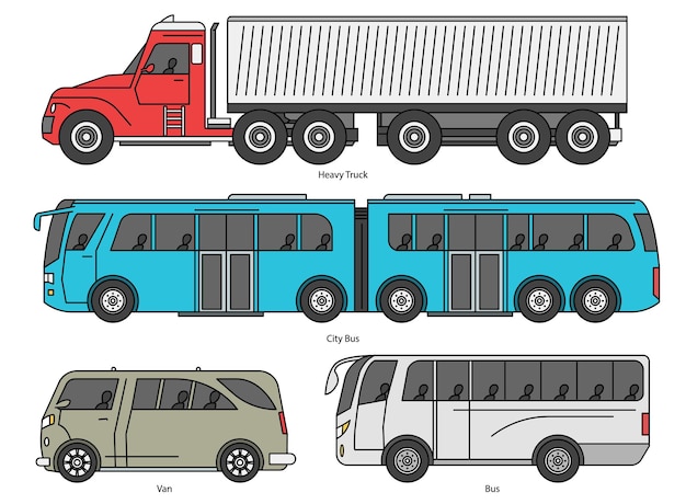 Estilo de carrocería de automóvil Contorno Transporte público y cupé de pasajeros Autobús urbano color camión pesado caricatura Van Auto de tres y cinco puertas Conjunto de iconos de garabatos Monoline