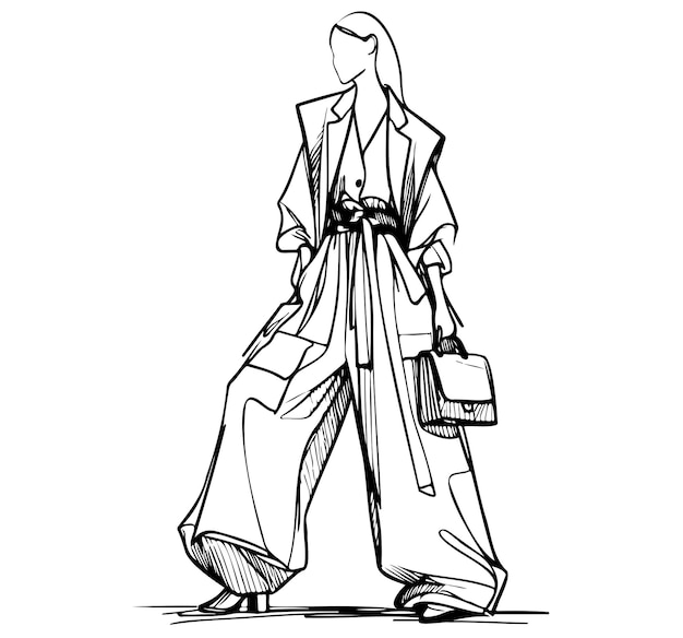 Estilo casual de mujer de chaleco y pantalones Esbozo