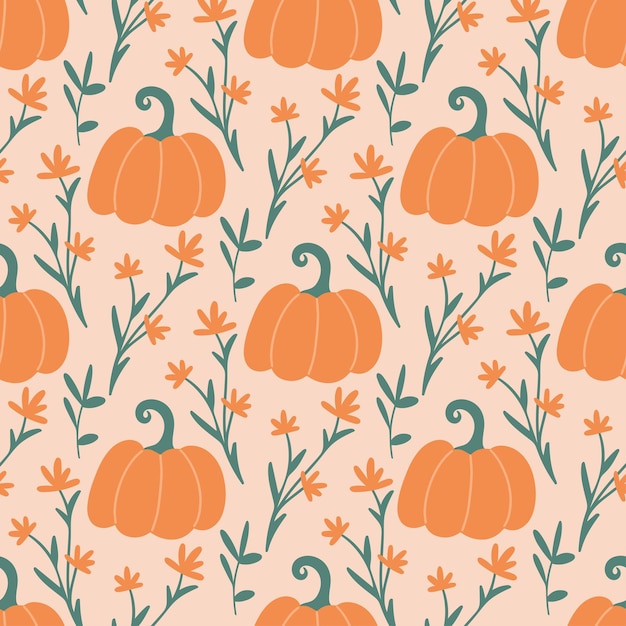 Estilo cómodo de calabaza sin costuras Fondo con flores de calabazu y hierbas silvestres Impresión botánica de otoño