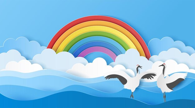 Estilo de corte de papel de arco iris y nubes sobre el mar con grulla coronada roja ilustración vectorial