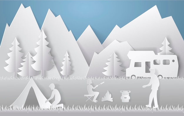 Estilo de corte de papel de camping de verano. concepto con montaña, árboles, gente en un picnic. ilustración vectorial.
