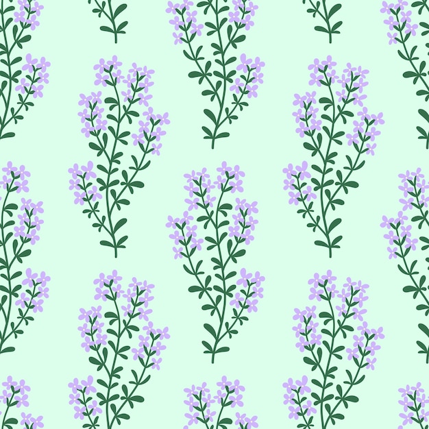 Estilo sin costuras de lavanda en flor con ramas de flores en un fondo verde claro Diseño floral de primavera lindo para papel de envoltura de tela, textil o embalaje
