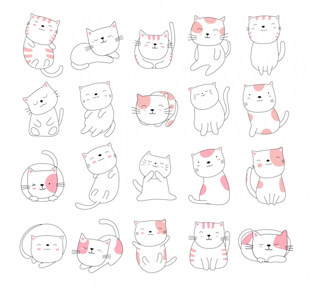 Estilo dibujado a mano blanco lindo gato animal de dibujos animados