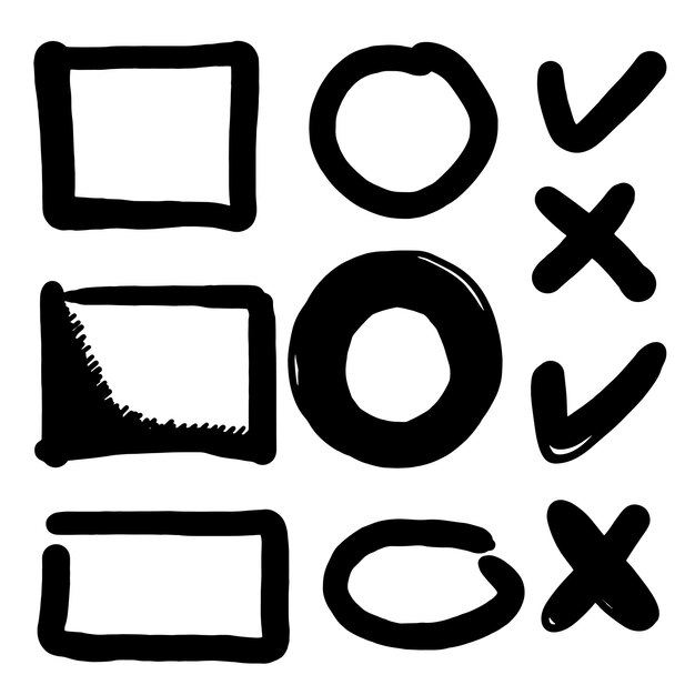 Estilo de dibujo de fideos de líneas dibujadas a mano, marca de verificación, círculos y curvas, ilustración vectorial