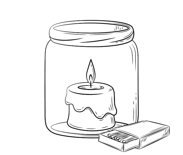 Estilo de dibujo de fideos. Vela simple de dibujo lineal en un frasco con una caja de fósforos.