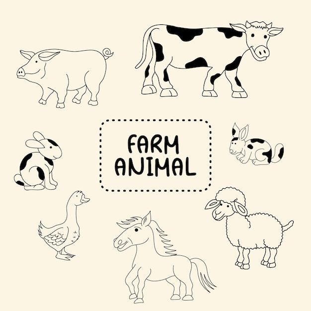 Estilo de dibujo de ilustración de la colección de animales de granja.