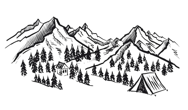 Estilo de dibujo de ilustración de vector de paisaje de montaña