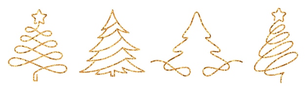 Vector estilo de dibujo de una línea de árboles de navidad con efecto de brillo dorado