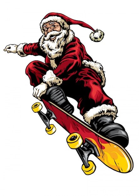 Estilo de dibujo a mano de santa montando patineta