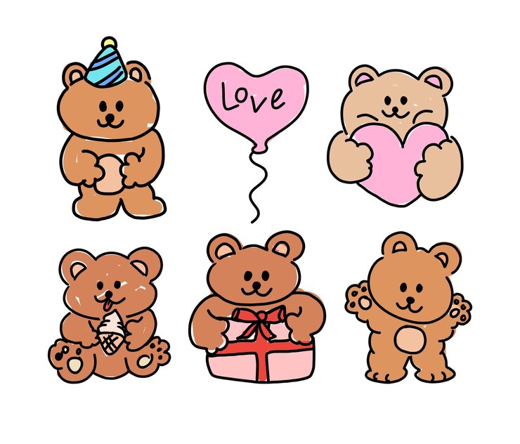 Estilo de dibujo de niño de oso de peluche para personaje de dibujos animados cómic pegatina de animal de juguete para el Día de San Valentín