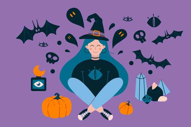 Estilo de dibujos animados de brujas de Halloween Murciélagos temáticos de Halloween feliz y calabaza Ilustración de vector moderno de moda aislado en diseño plano dibujado a mano de fondo blanco