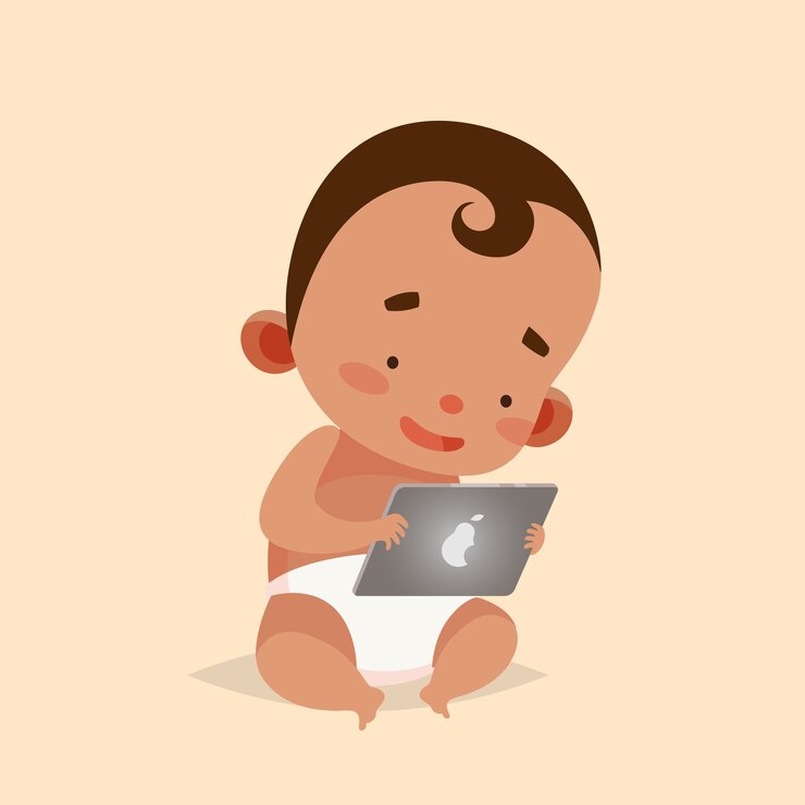 Vector estilo de dibujos animados. carácter aislado. tecnologías modernas para niños. niño bebé con tableta.