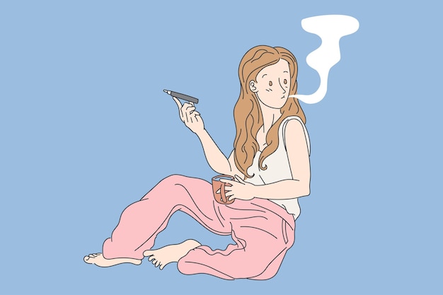 Estilo de dibujos animados de chica vape con cigarrillo eléctrico de vapor con ilustración de vector plano de actividades