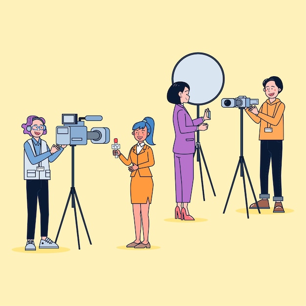 Estilo de dibujos animados. Conjunto de videoman de televisión y periodista que informan las noticias en personaje de dibujos animados, ilustración plana aislada de acción de diferencia.