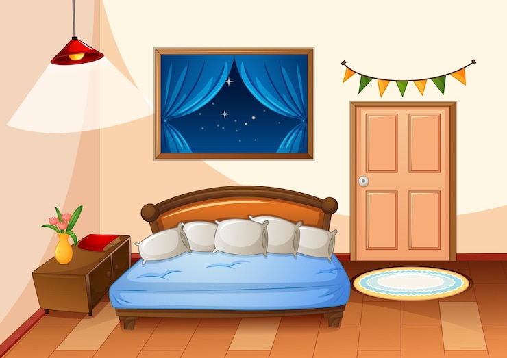 Vector estilo de dibujos animados de dormitorio en escena nocturna