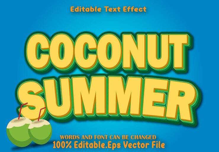 Vector estilo de dibujos animados de efecto de texto editable de verano de coco