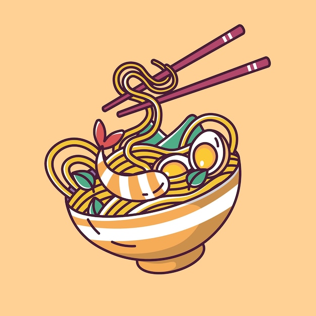 Vector estilo de dibujos animados de fideos ramen de camarones de comida asiática