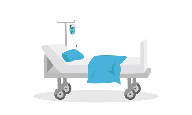 Vector estilo de dibujos animados de imágenes prediseñadas de cama de hospital cama médica simple con ilustración de vector plano de líquido iv