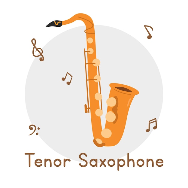 Estilo de dibujos animados de imágenes prediseñadas de saxofón tenor, dibujado a mano de ilustración de vector plano de instrumento musical de latón