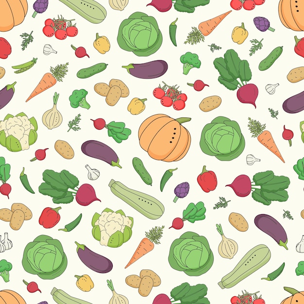 Vector estilo de dibujos animados de patrones sin fisuras de verduras frescas