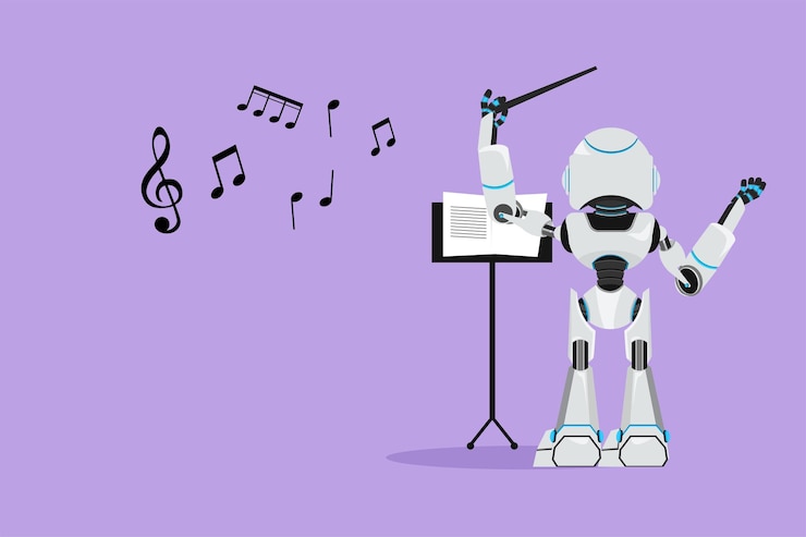 Vector estilo de dibujos animados planos dibujando la vista posterior del personaje del conductor del robot actuando en el escenario dirigiendo la orquesta sinfónica organismo cibernético robótico humanoide moderno ilustración vectorial de diseño gráfico