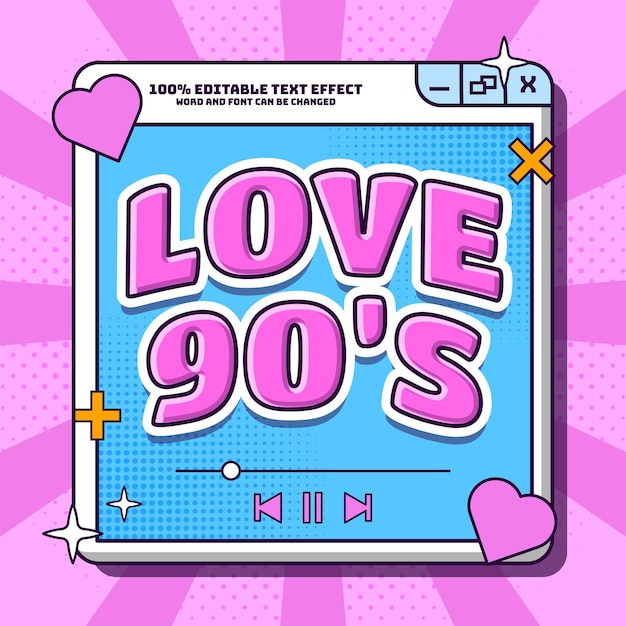 Vector estilo de dibujos animados planos editables con efecto de texto love 90s