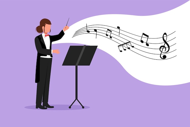 Estilo de dibujos animados planos de negocios dibujar mujer conductora Músico femenino actuar en el escenario dirigiendo orquesta sinfónica Conjunto instrumental de interpretación de música clásica Ilustración de vector de diseño gráfico