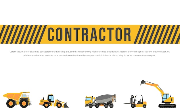 Estilo de diseño plano de fondo de impresión web de banner del contratista con vehículo pesado