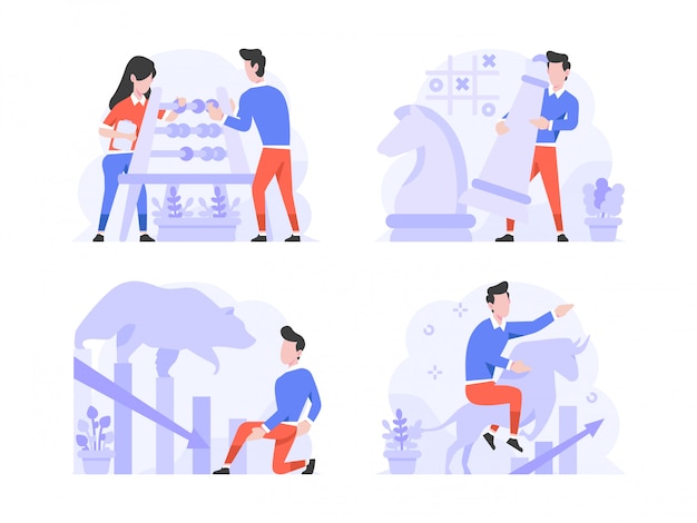 Estilo de diseño plano de ilustración vectorial, hombre y mujer haciendo cálculos con ábaco, estrategia de ajedrez, mercado bajista, tendencia alcista, aumento, disminución