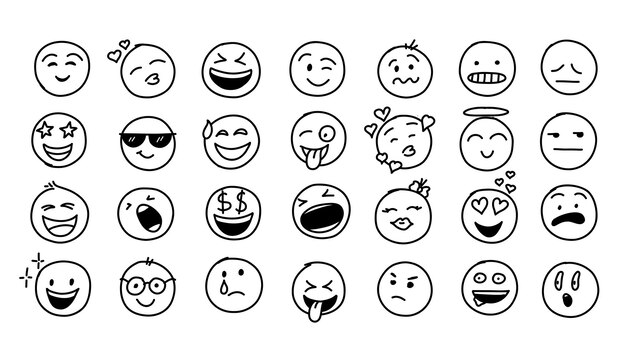 Vector estilo de doodle dibujado a mano línea de cómic emoji de doodle icono de cara conjunto de emoji con diferentes estados de ánimo de emoción