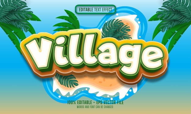 Estilo de efecto de texto editable cartoon village con fondo de isla oceánica