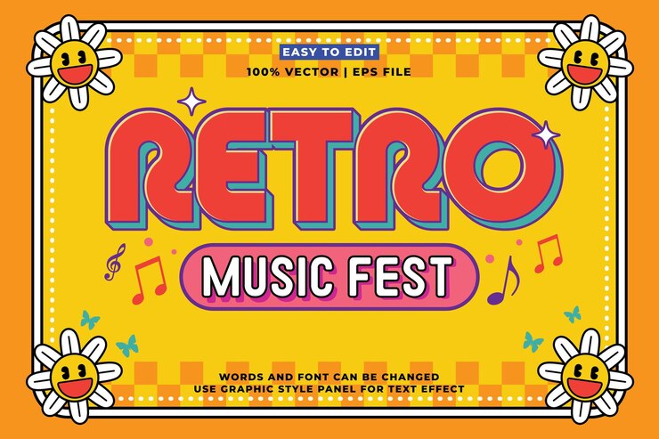 Estilo de efecto de texto retró editable Estilo de fiesta de música vintage Retro Festival de fiesta 3D Estilo de dibujos animados Vector premium