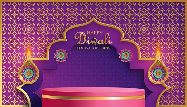 Estilo de escenario redondo de podio 3d para Diwali Deepavali o Dipavali, el festival indio de luces con iluminación de lámparas Diya y objetos orientales sobre fondo de color