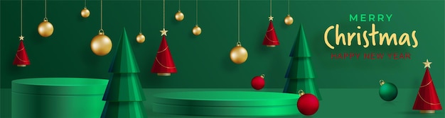 Estilo de escenario redondo de podio 3d para Feliz Navidad y Feliz Año Nuevo en fondo de color verde