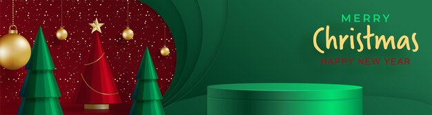 Estilo de escenario redondo de podio 3d para Feliz Navidad y Feliz Año Nuevo en fondo de color verde