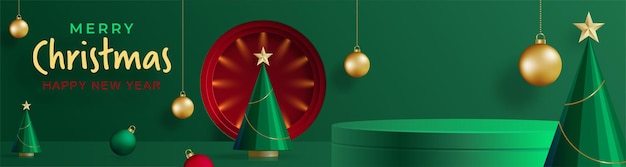 Estilo de escenario redondo de podio 3d para Feliz Navidad y Feliz Año Nuevo en fondo de color verde