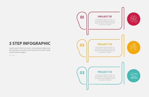 Estilo de esquema de infografía de plantilla de 3 puntos con plantilla de paso de 3 punto con esquema de tabla creativo y círculo en el borde para la presentación de diapositivas