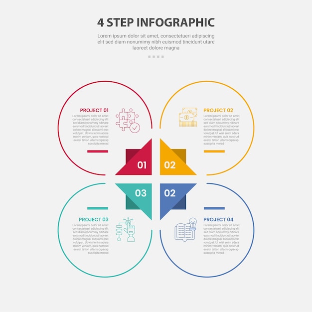 Estilo de esquema de infografía de plantilla de 4 puntos con plantilla de paso de 4 punto con círculo grande y centro de base triangular para la presentación de diapositivas