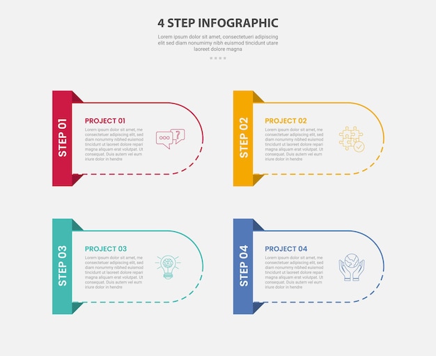 Estilo de esquema de infografía de plantilla de 4 puntos con plantilla de paso de 4 punto con contenedor redondo y insignia rectangular en el lado para la presentación de diapositivas
