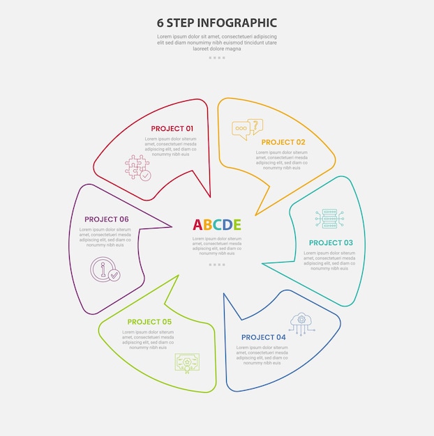 Estilo de esquema de infografía de plantilla de 6 puntos con plantilla de paso de 6 punto con ciclo circular en círculo con estilo de cuadro de discusión de llamada para presentación de diapositivas