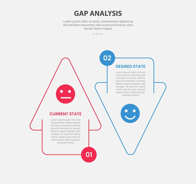 Estilo de esquema infográfico de análisis de GAP con plantilla de comparación de 2 puntos con flecha grande arriba y abajo en dirección opuesta para la presentación de diapositivas