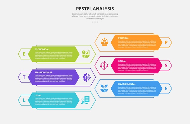Estilo de esquema infográfico de análisis PESTEL con plantilla de 6 puntos con forma de hexágono largo en dirección opuesta para la presentación de diapositivas