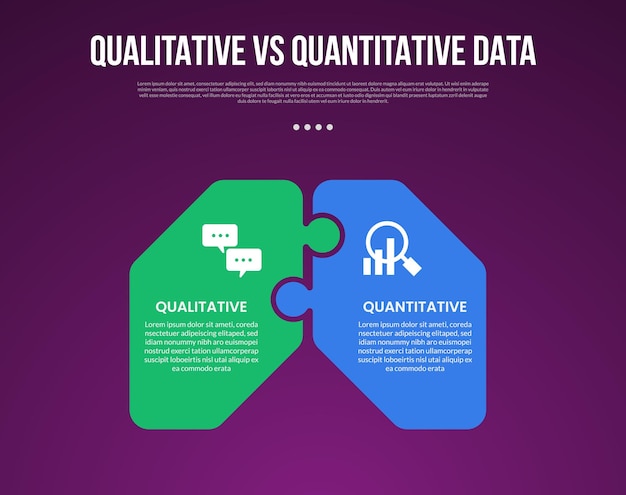 estilo de esquema infográfico de datos cualitativos versus cuantitativos con plantilla de comparación de 2 puntos con conexión de caja de rompecabezas redonda para la presentación de diapositivas