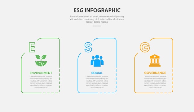 Estilo de esquema infográfico ESG con plantilla de 3 puntos con contenedor de caja de línea punteada con forma de carpeta para presentación de diapositivas