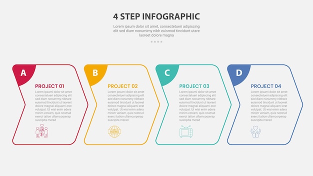 Estilo de esquema infográfico de plantilla de 4 puntos con etapa o paso de 4 puntos plantilla con caja de flecha creativa dirección derecha para la presentación de diapositivas